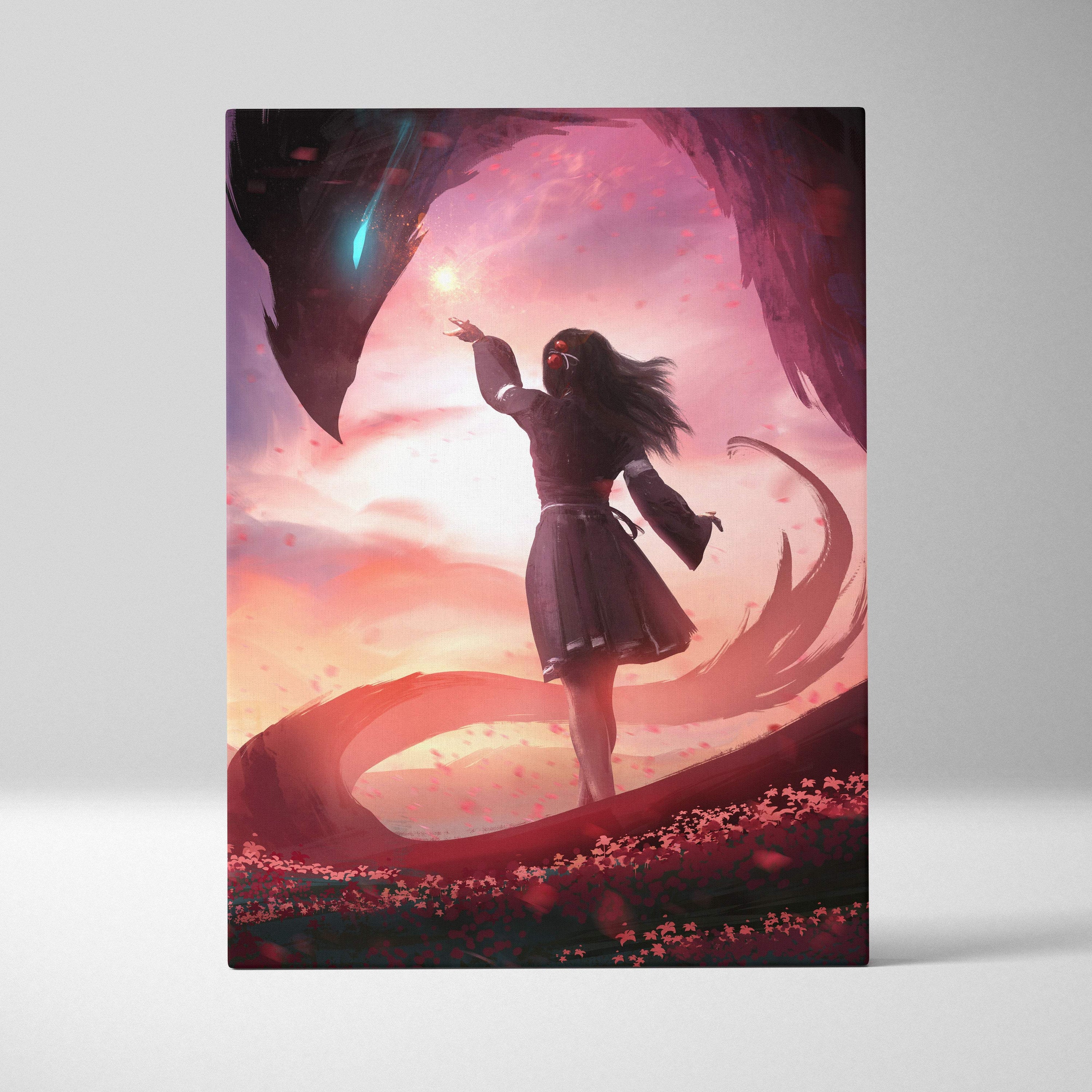 Whisper to the void canvas wall art featuring a girl in dark clothing and glowing pink orange dragon against dramatic sky