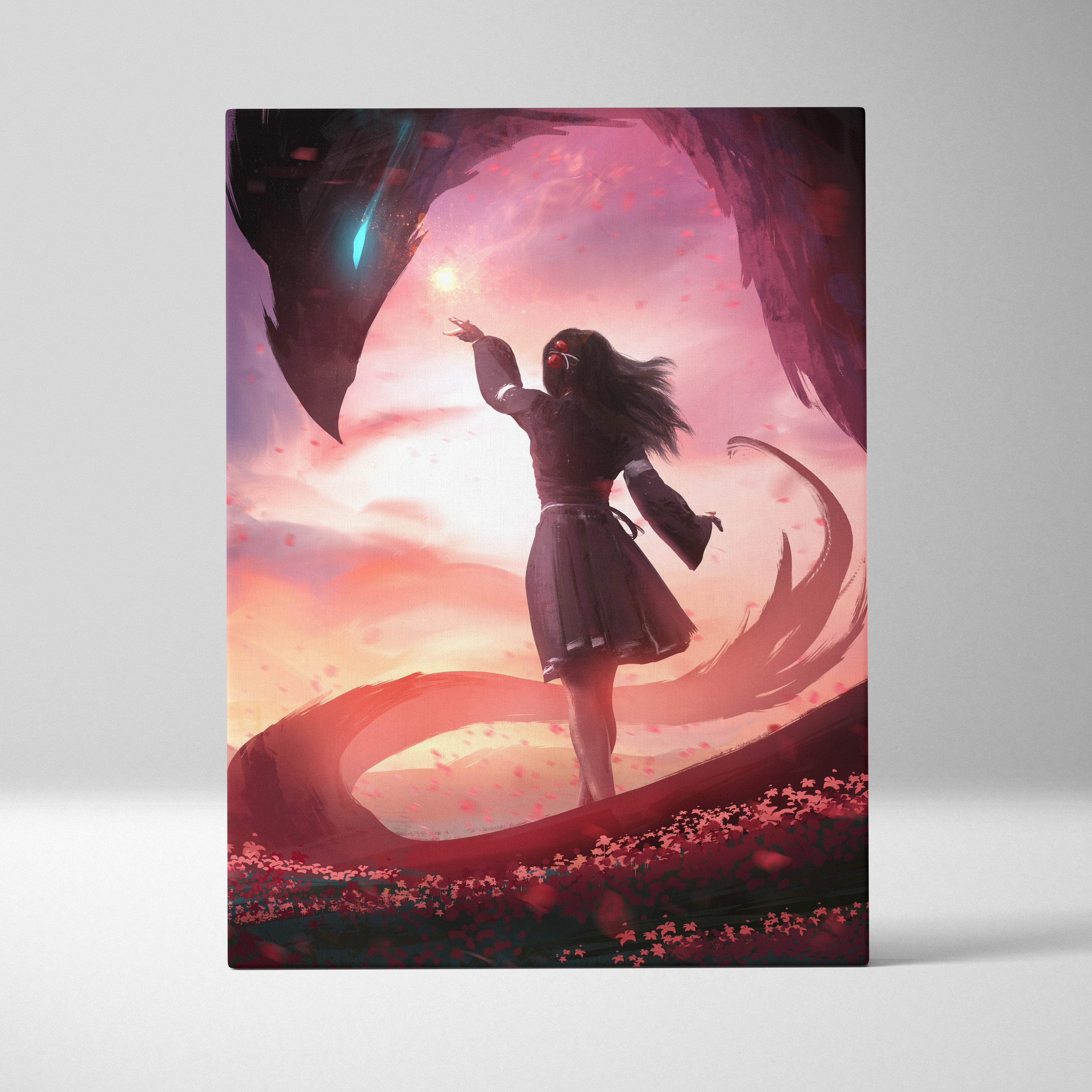 Whisper to the void canvas wall art featuring a girl in dark clothing and glowing pink orange dragon against dramatic sky