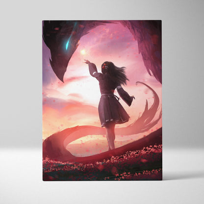 Whisper to the void canvas wall art featuring a girl in dark clothing and glowing pink orange dragon against dramatic sky