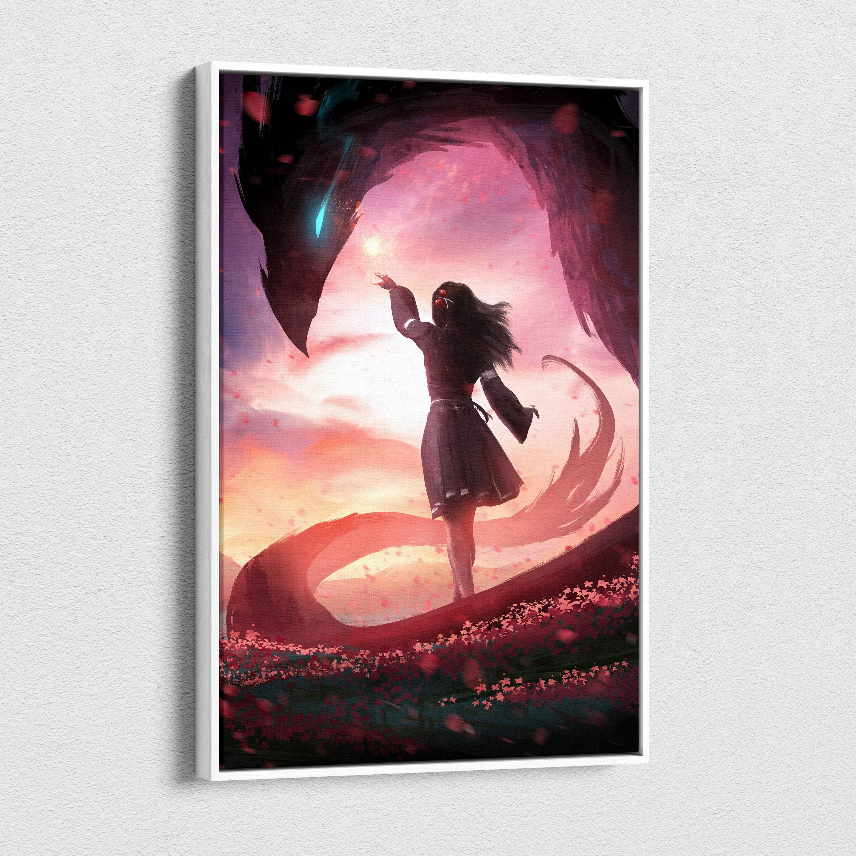 A framed canvas wall art showing a dark-haired girl in red mask reaching for light beneath a winged serpent at sunset