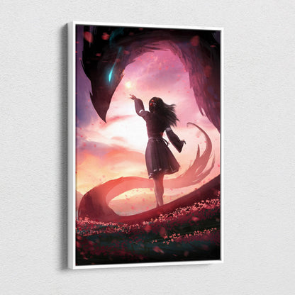 A framed canvas wall art showing a dark-haired girl in red mask reaching for light beneath a winged serpent at sunset