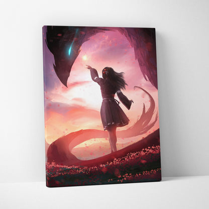 Whisper to the void canvas wall art showing a dark-haired girl in black dress reaching toward a glowing sun with shadowy wings