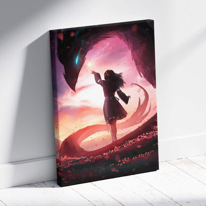 Whisper to the void canvas wall art of a girl in a dark dress reaching toward a glowing winged creature at sunset