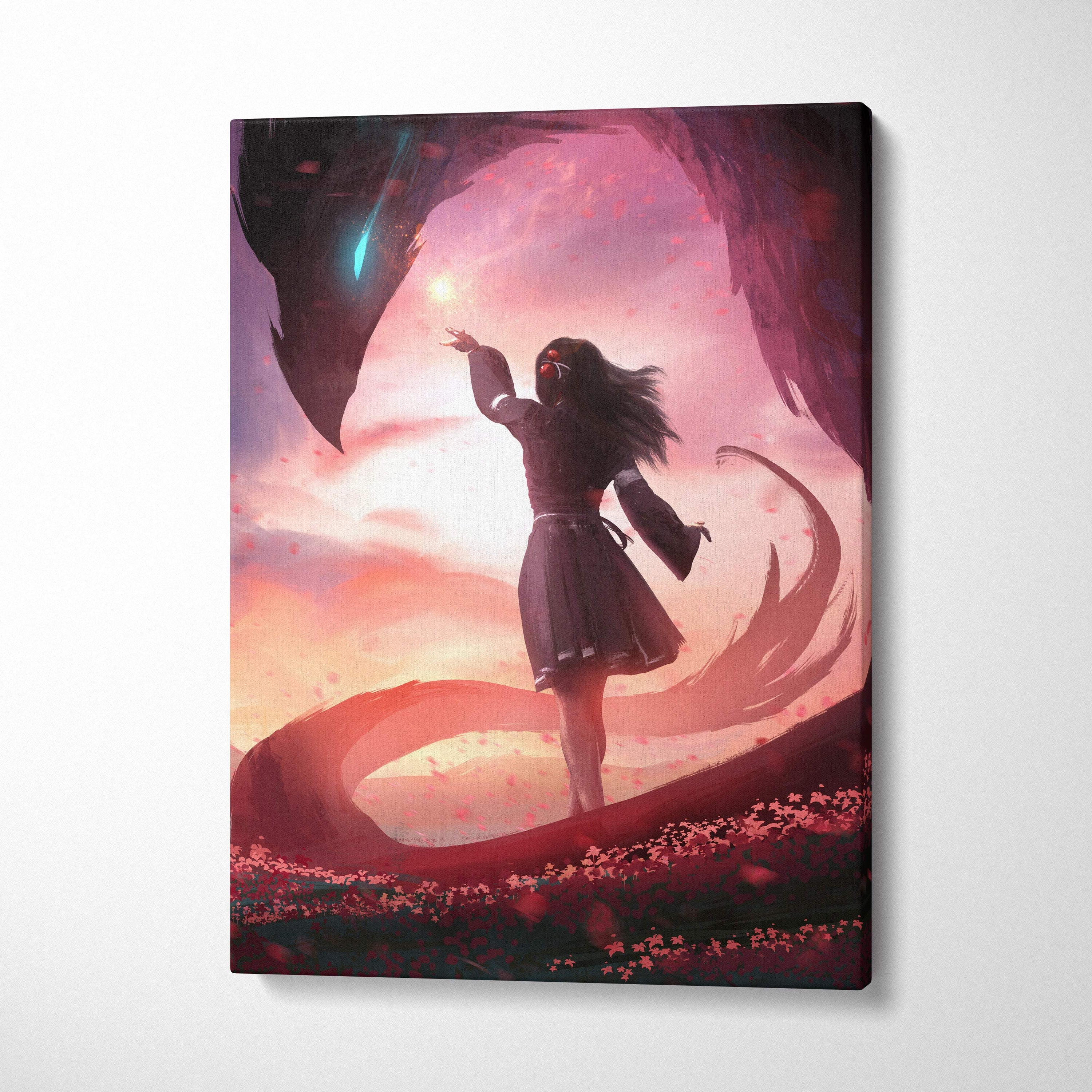 A rectangular canvas wall art featuring a stylized anime girl in dark clothing with wings against a pink and orange sunset