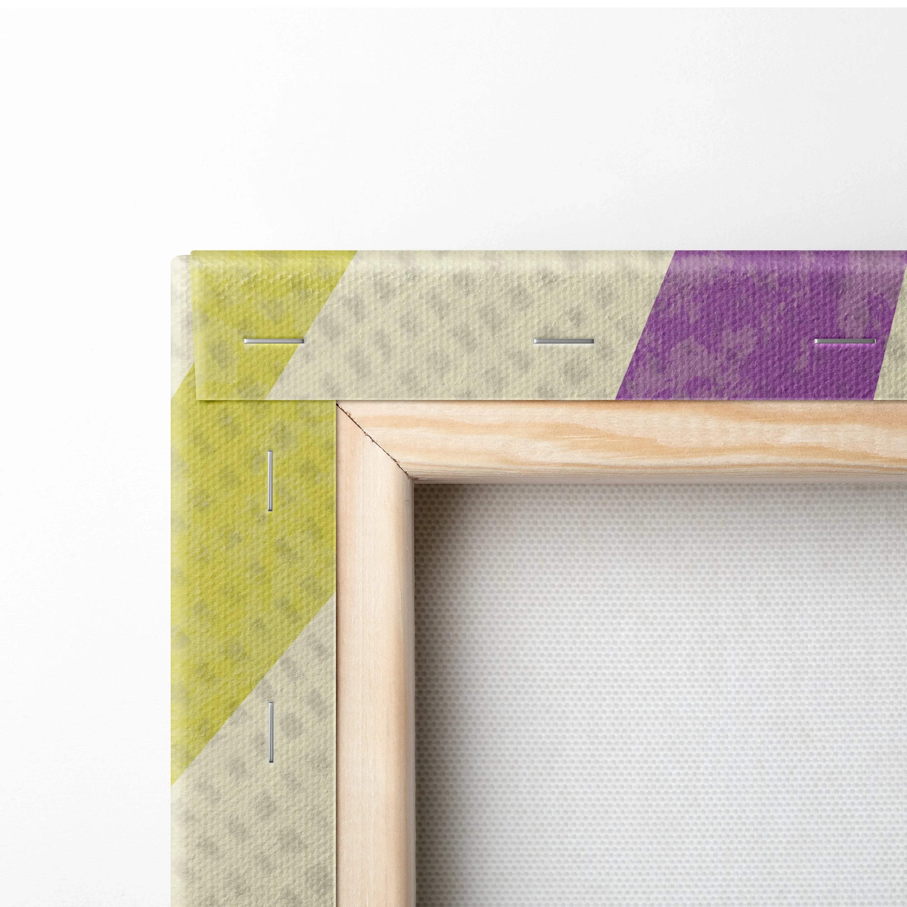Retro sunburst canvas wall art back with lime green, beige, purple stitched geometric edge
