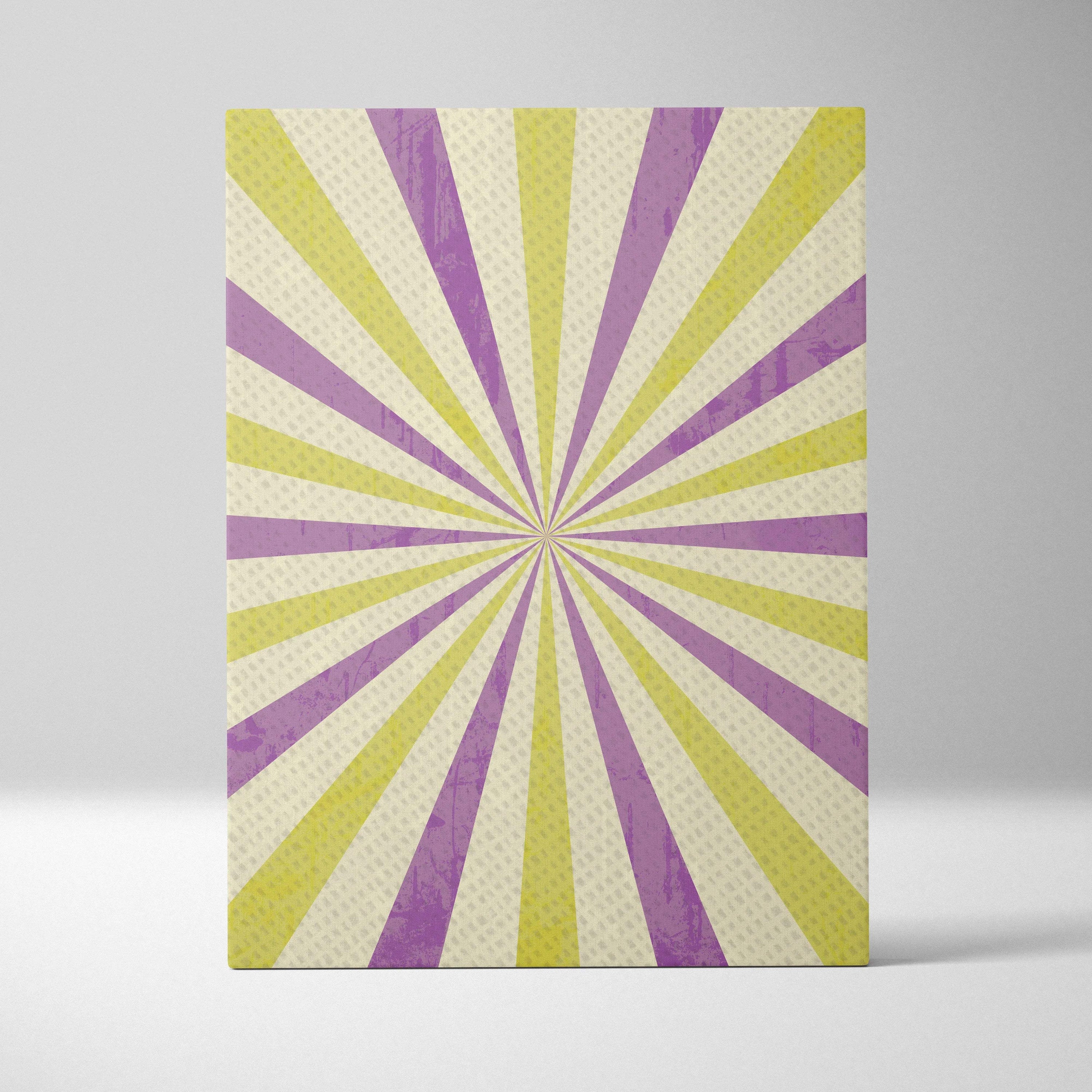 Retro sunburst canvas wall art with purple yellow rays vintage grunge cream backdrop