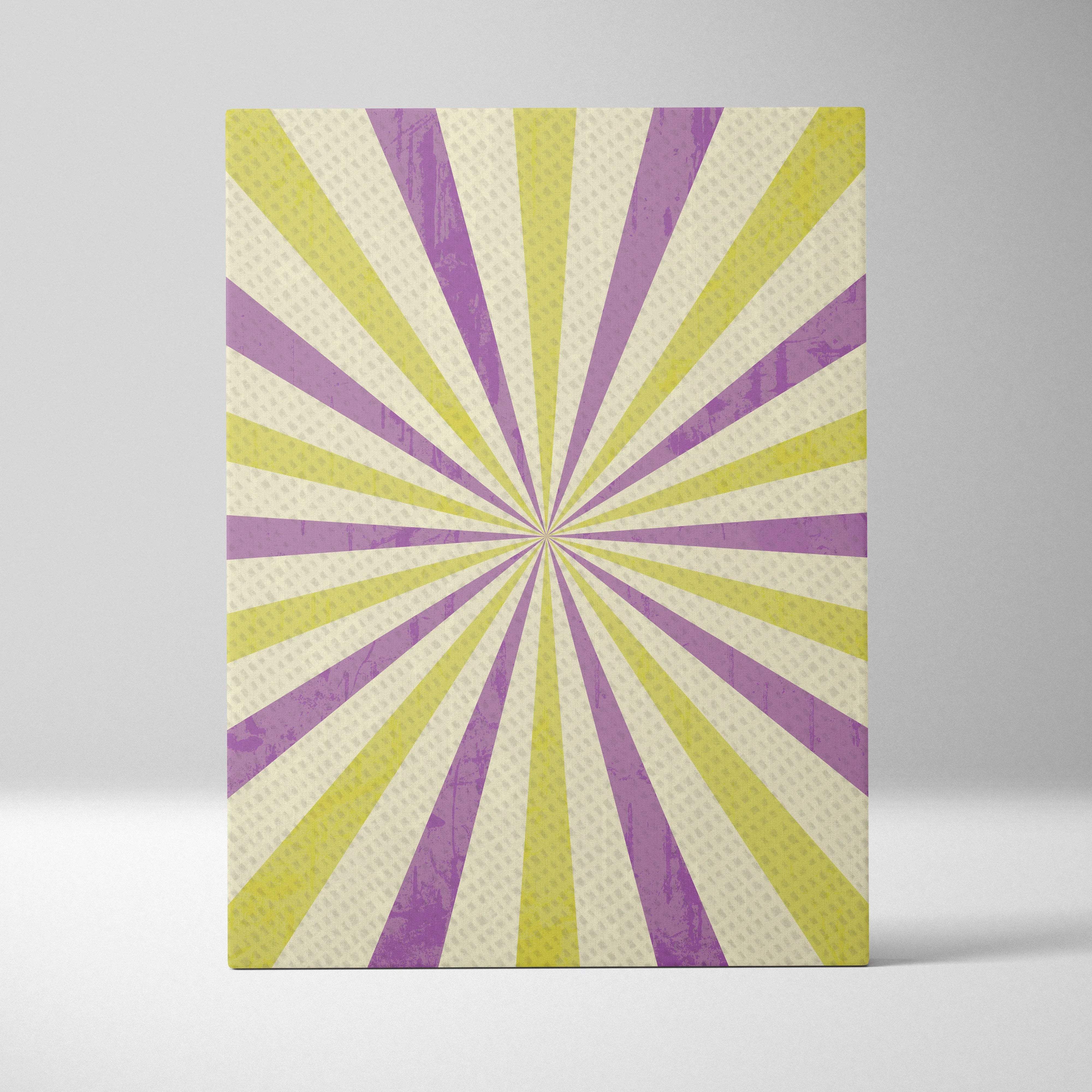 Retro sunburst canvas wall art with purple yellow rays vintage grunge cream backdrop