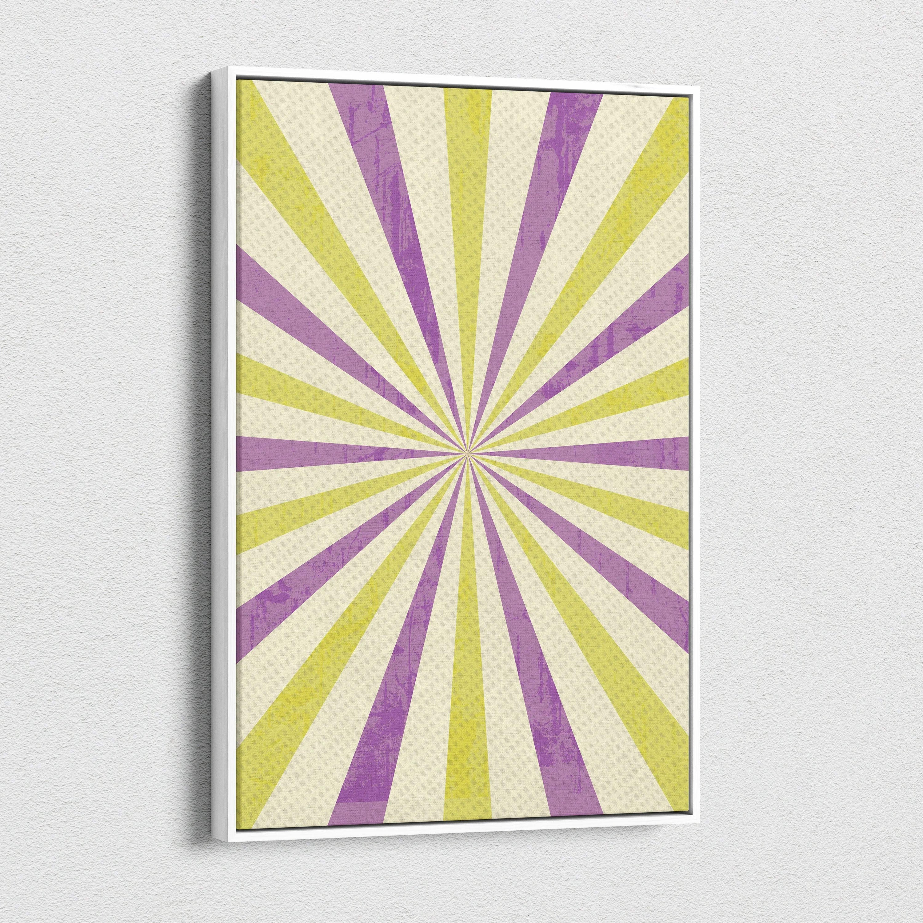 Retro sunburst canvas wall art with purple lime green rays on cream backdrop