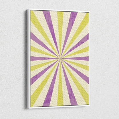 Retro sunburst canvas wall art with purple lime green rays on cream backdrop