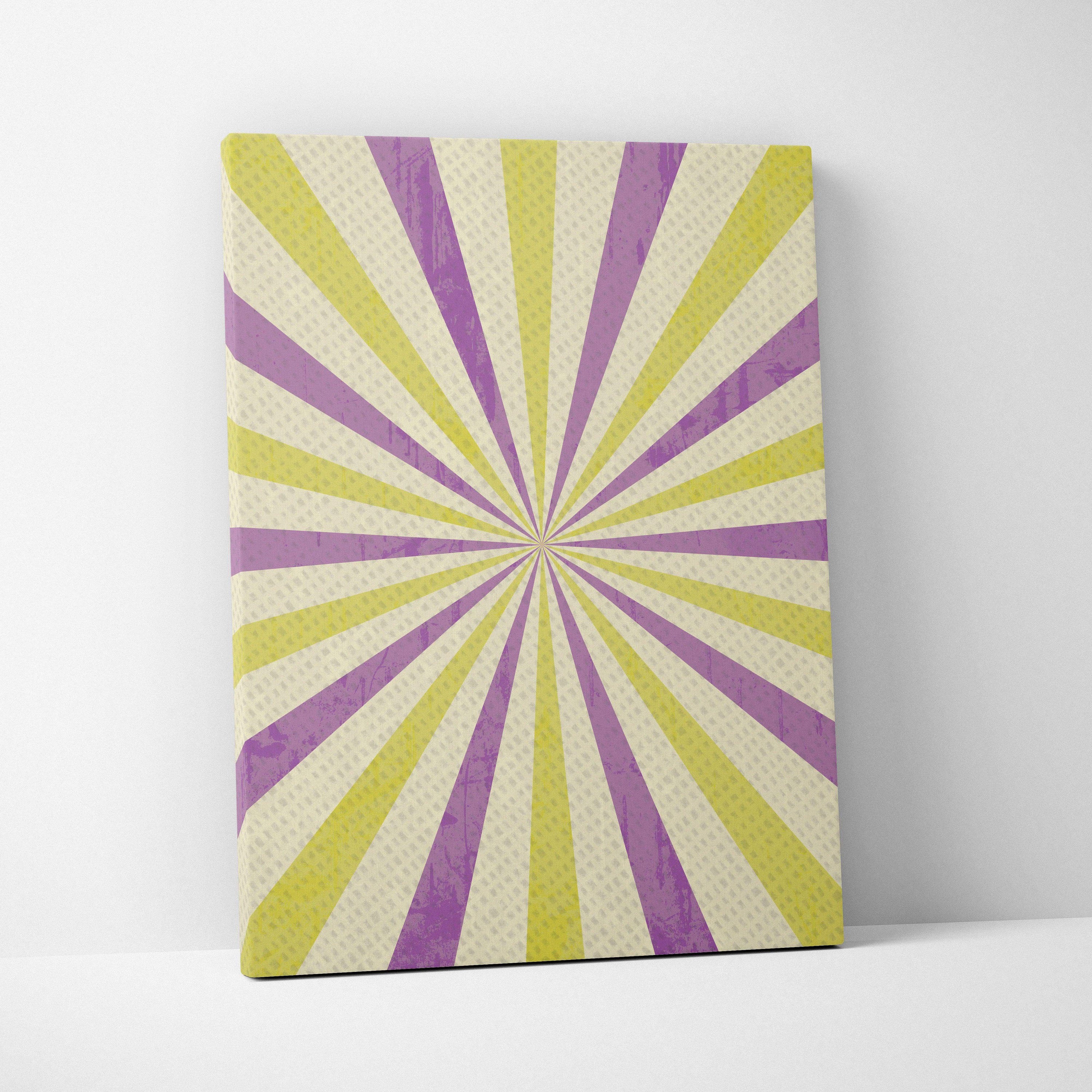 Retro sunburst canvas wall art with purple lime green rays on cream grunge texture