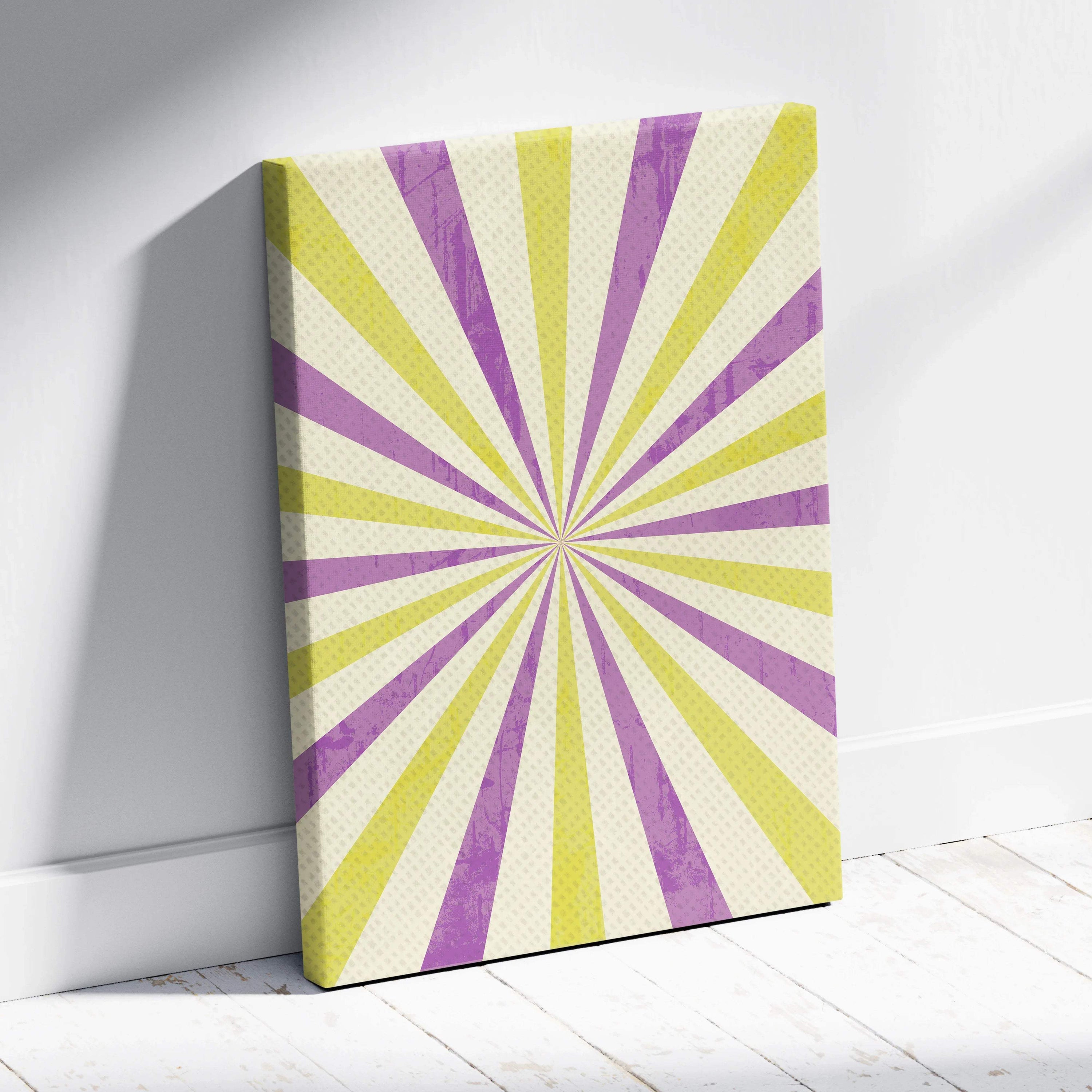 Retro sunburst canvas wall art with purple yellow rays vintage grunge texture
