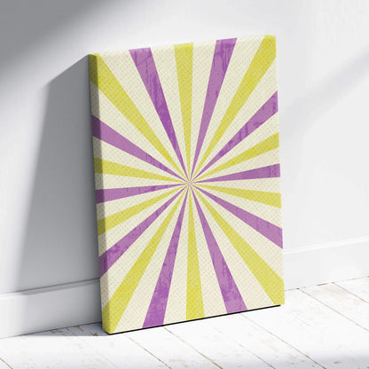 Retro sunburst canvas wall art with purple yellow rays vintage grunge texture