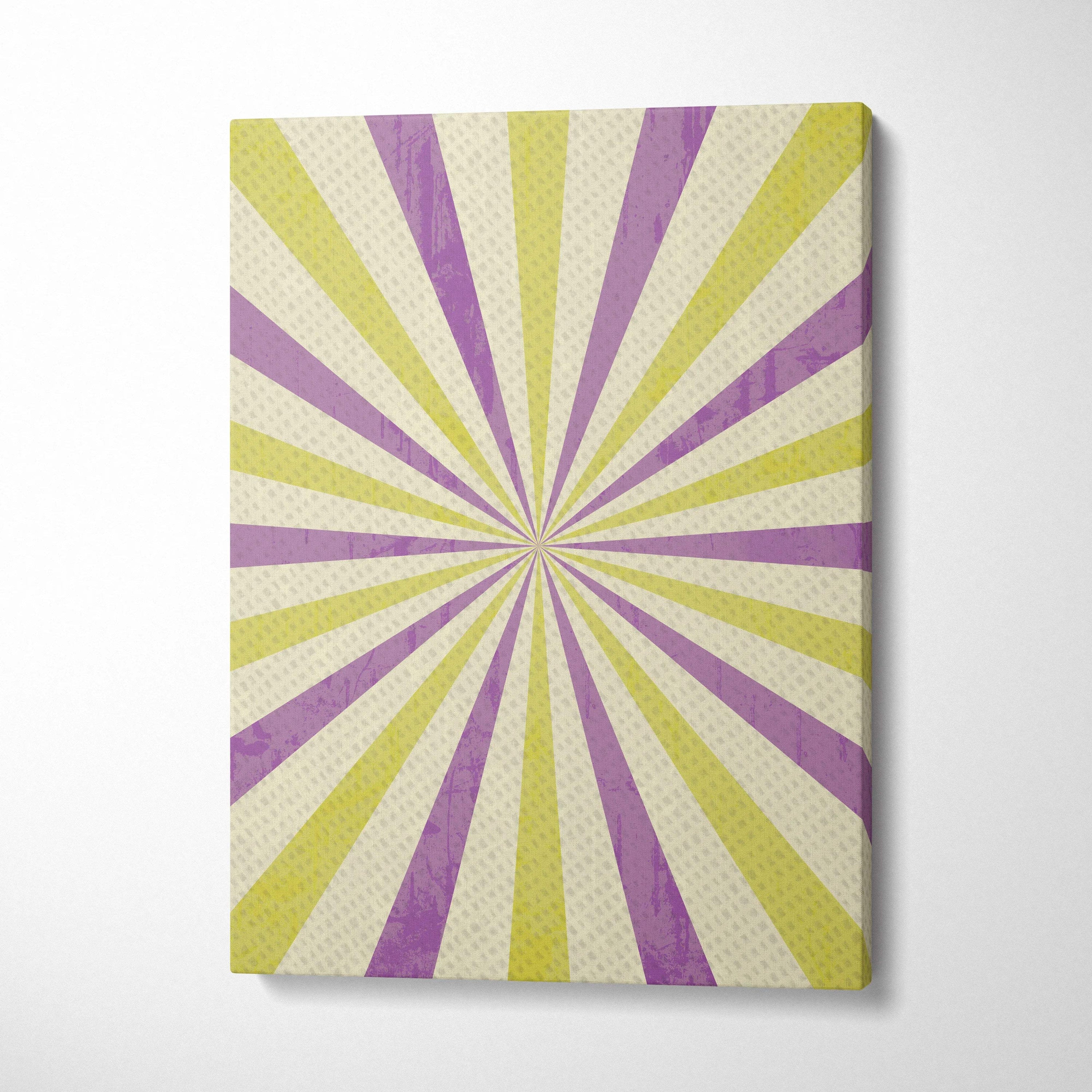 Retro sunburst canvas wall art with purple lime green rays on cream backdrop