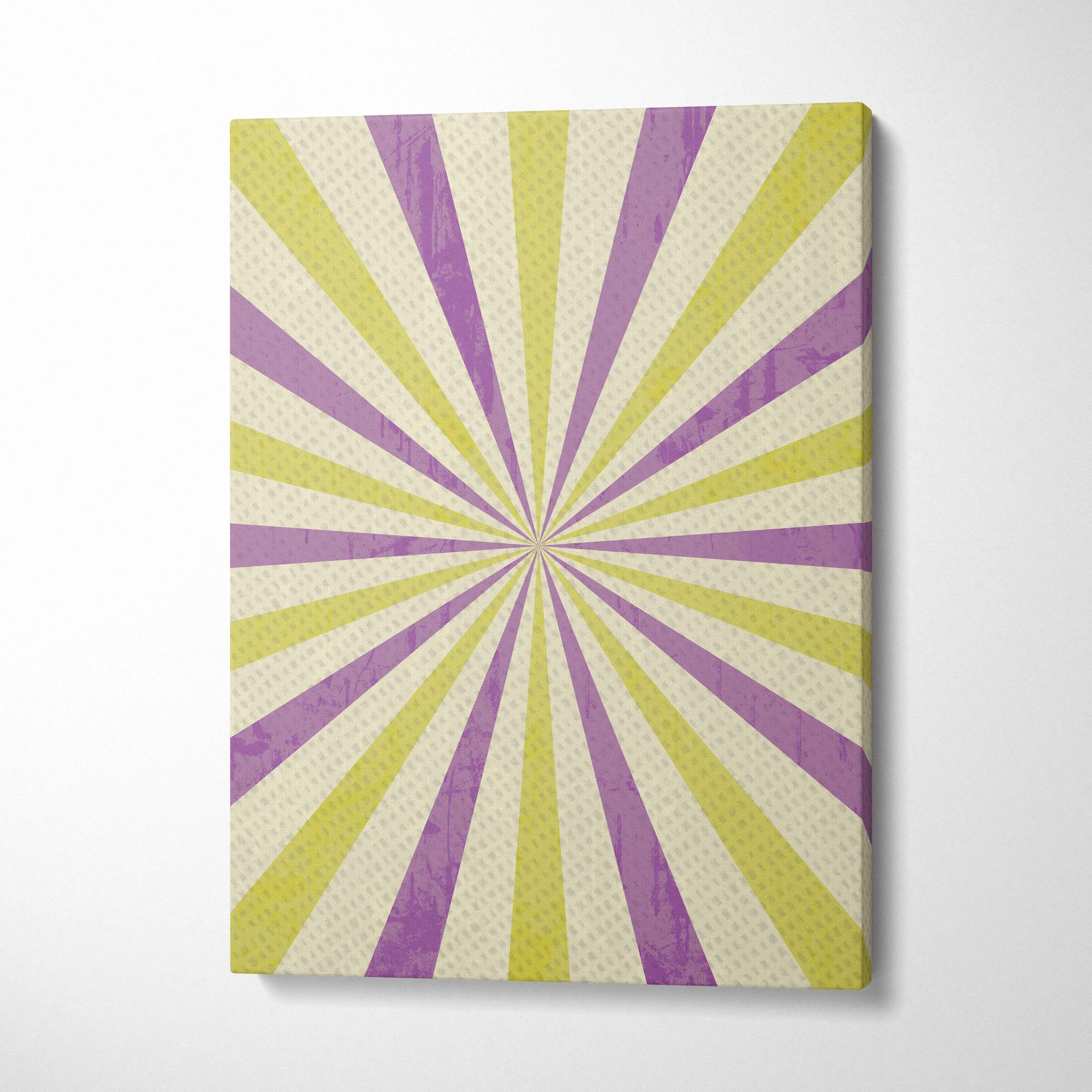 Retro sunburst canvas wall art with purple lime green rays on cream backdrop