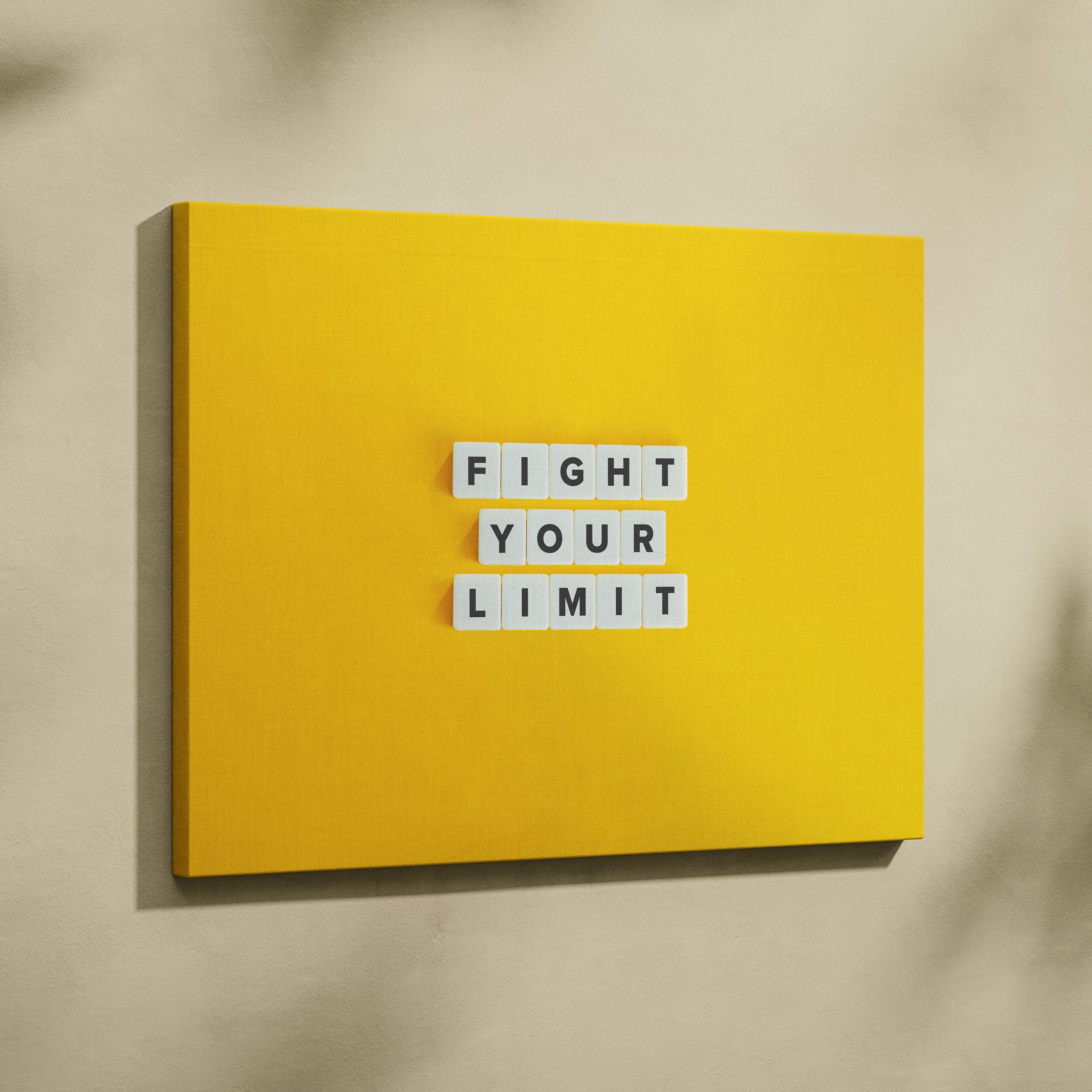 Bright yellow canvas wall art with fight your limit white letter tiles motivational quote for gym office or home decor