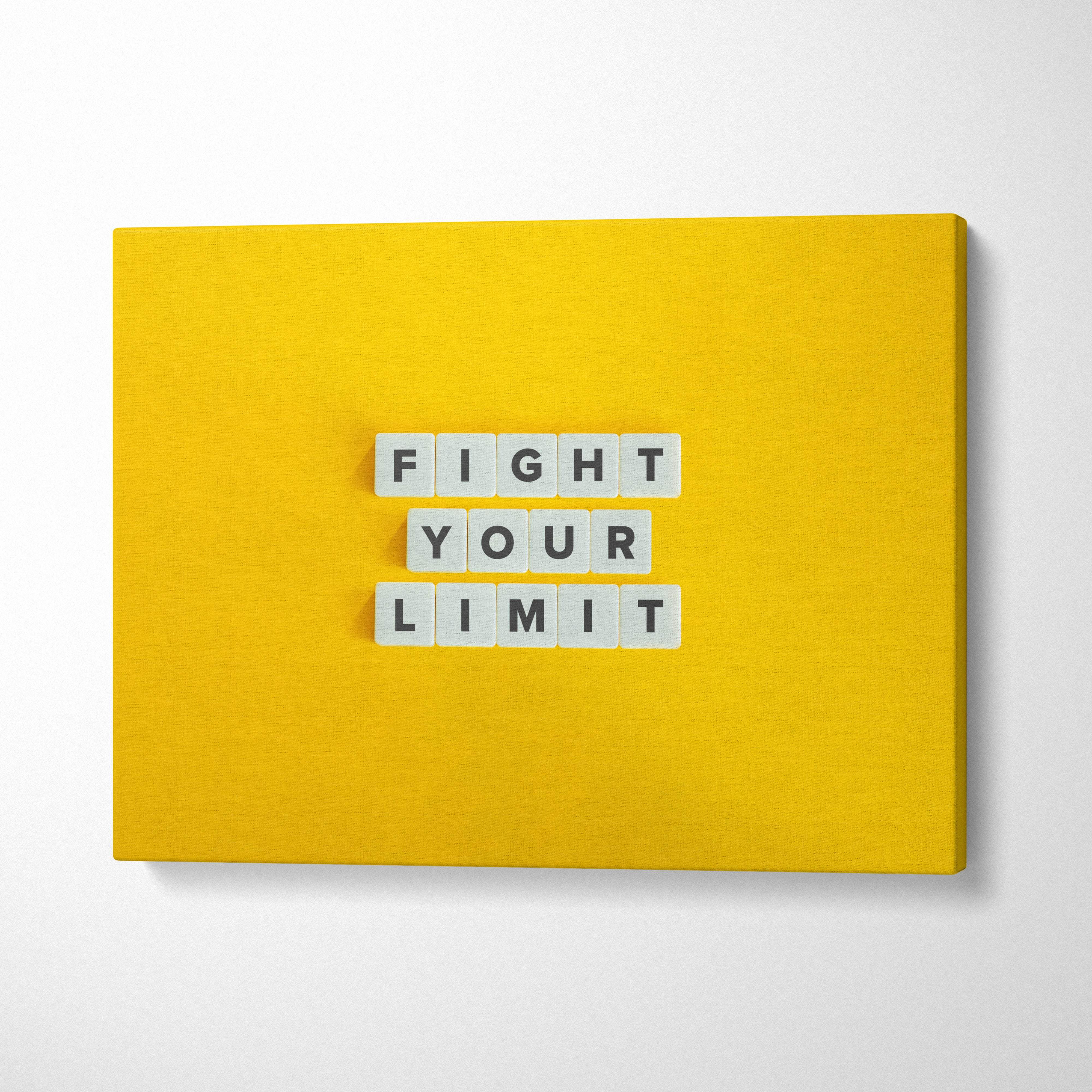 Bright yellow canvas wall art with fight your limit white letter tiles motivational quote for gym office or home decor