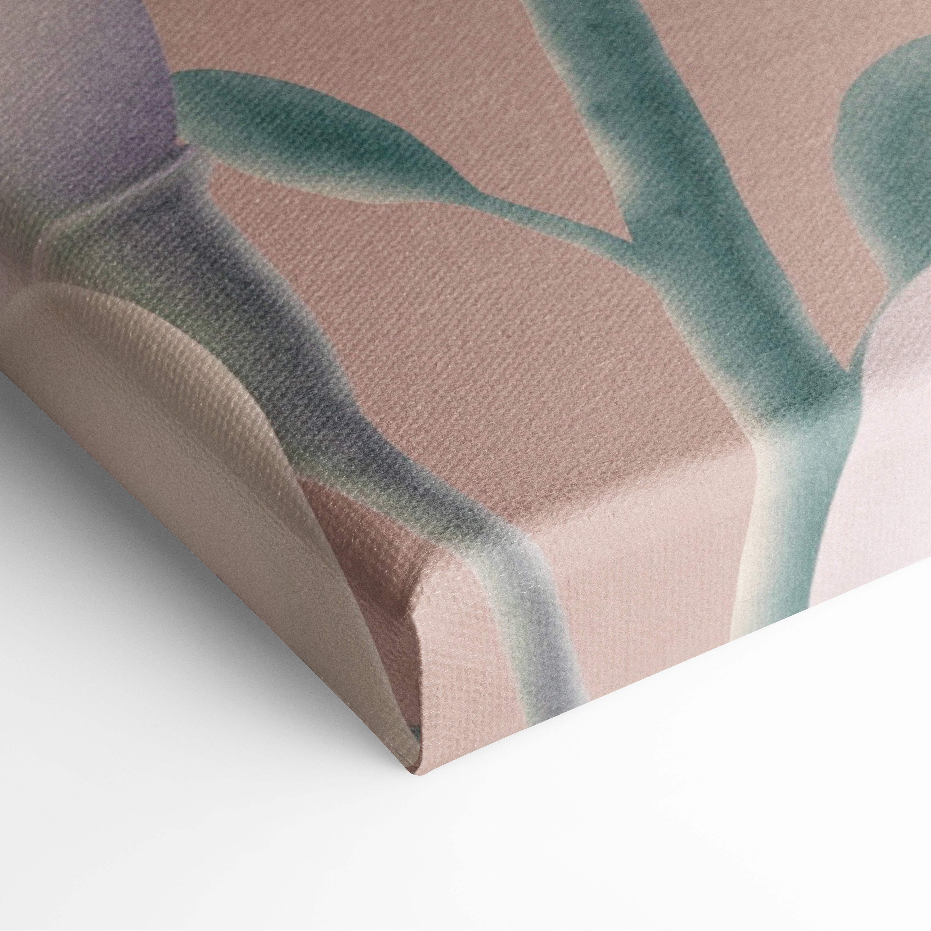A soft pink canvas print with abstract green and purple leaf patterns for contemporary inspirational wall art