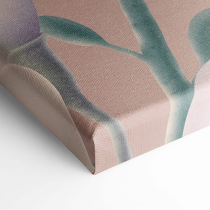 A soft pink canvas print with abstract green and purple leaf patterns for contemporary inspirational wall art