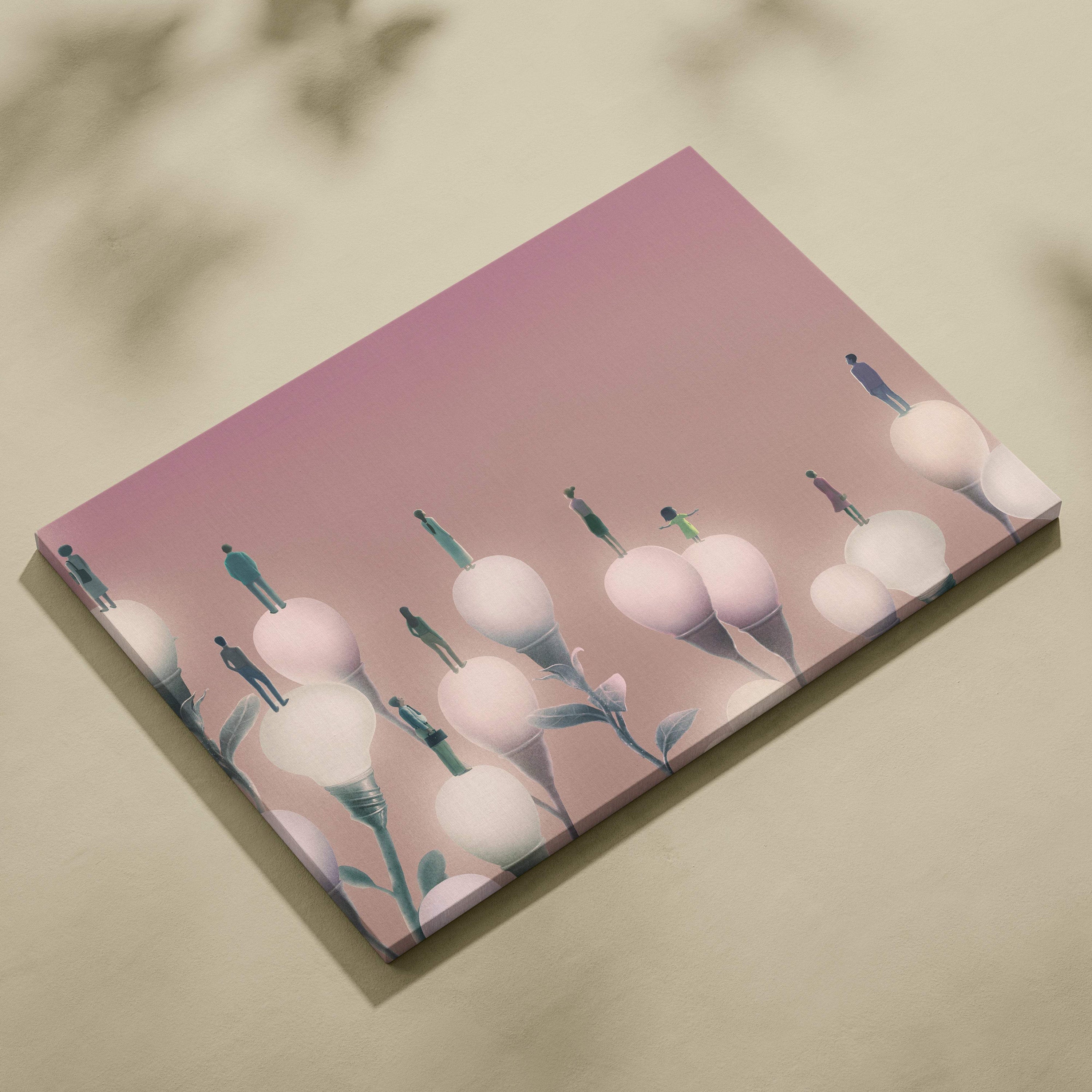 Contemporary rectangular canvas print with stylized figures on pale pink cotton bolls for modern inspirational decor