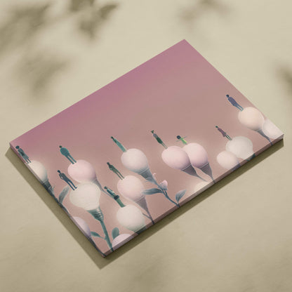 Contemporary rectangular canvas print with stylized figures on pale pink cotton bolls for modern inspirational decor