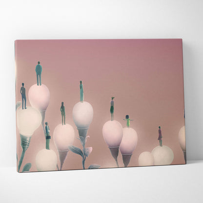 Pastel pink canvas wall art featuring miniature figures on stylized lightbulb flowers in a dreamy modern garden design