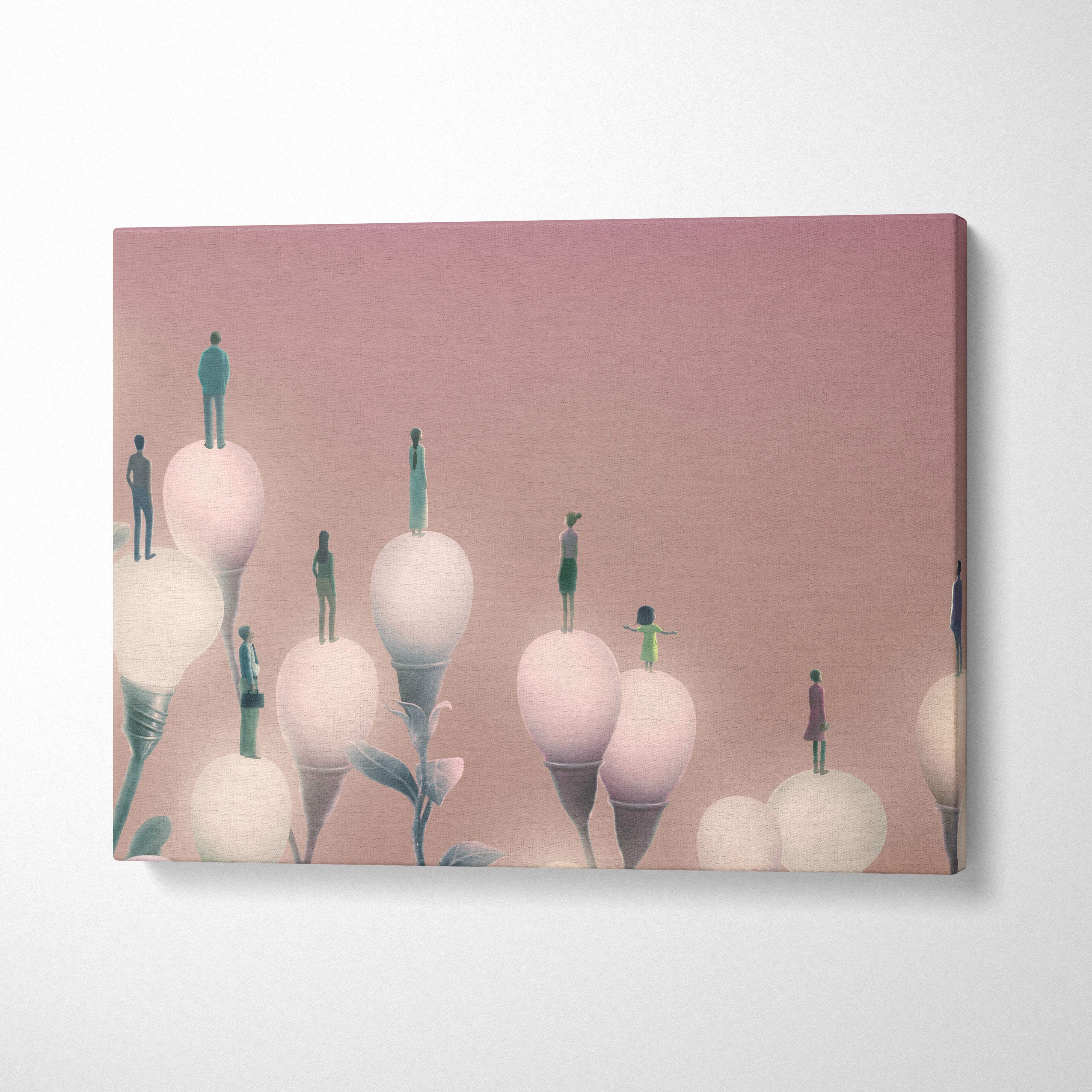 A soft pink canvas wall art print featuring stylized figures standing on oversized lightbulb shapes for modern decor