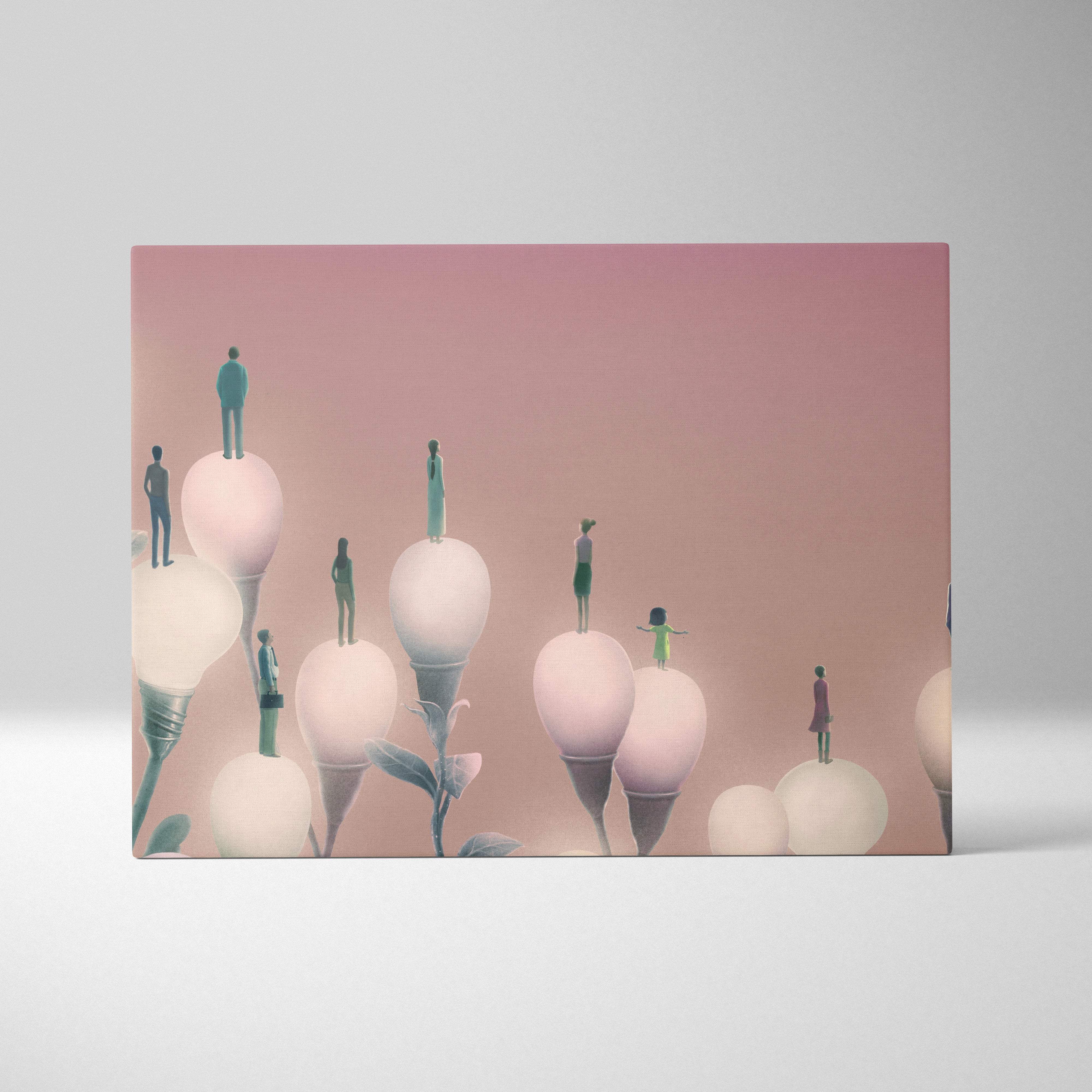 Pastel pink contemporary canvas wall art featuring stylized figures standing on glowing lightbulb-shaped flowers