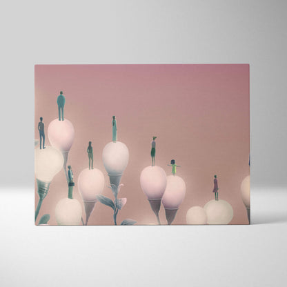 Pastel pink contemporary canvas wall art featuring stylized figures standing on glowing lightbulb-shaped flowers
