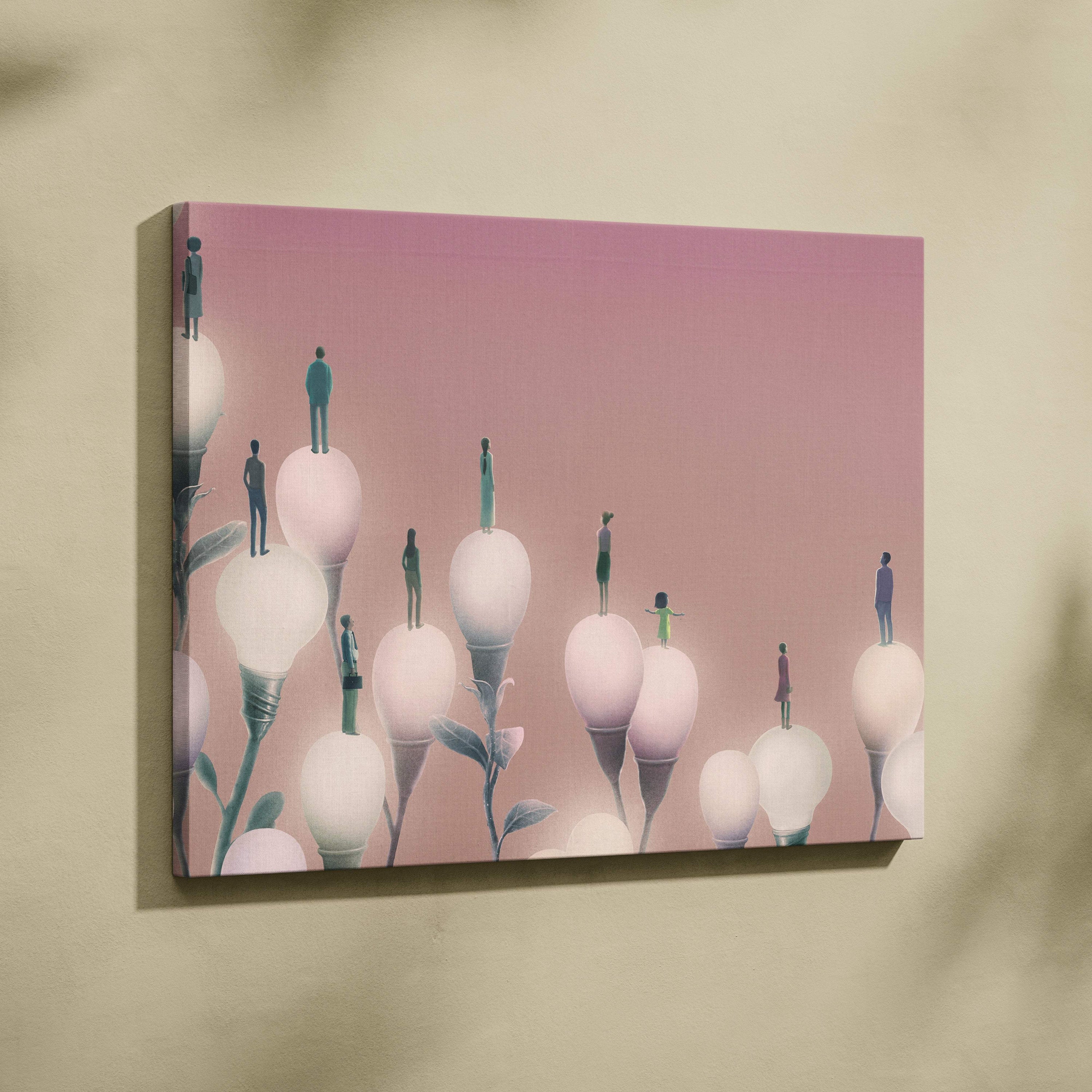 A rectangular canvas print of glowing lightbulb flowers with stylized figures on a soft pink gradient background