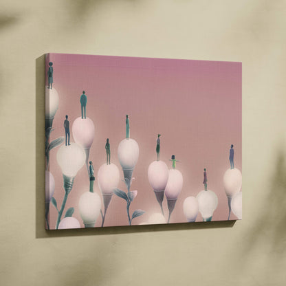 A rectangular canvas print of glowing lightbulb flowers with stylized figures on a soft pink gradient background