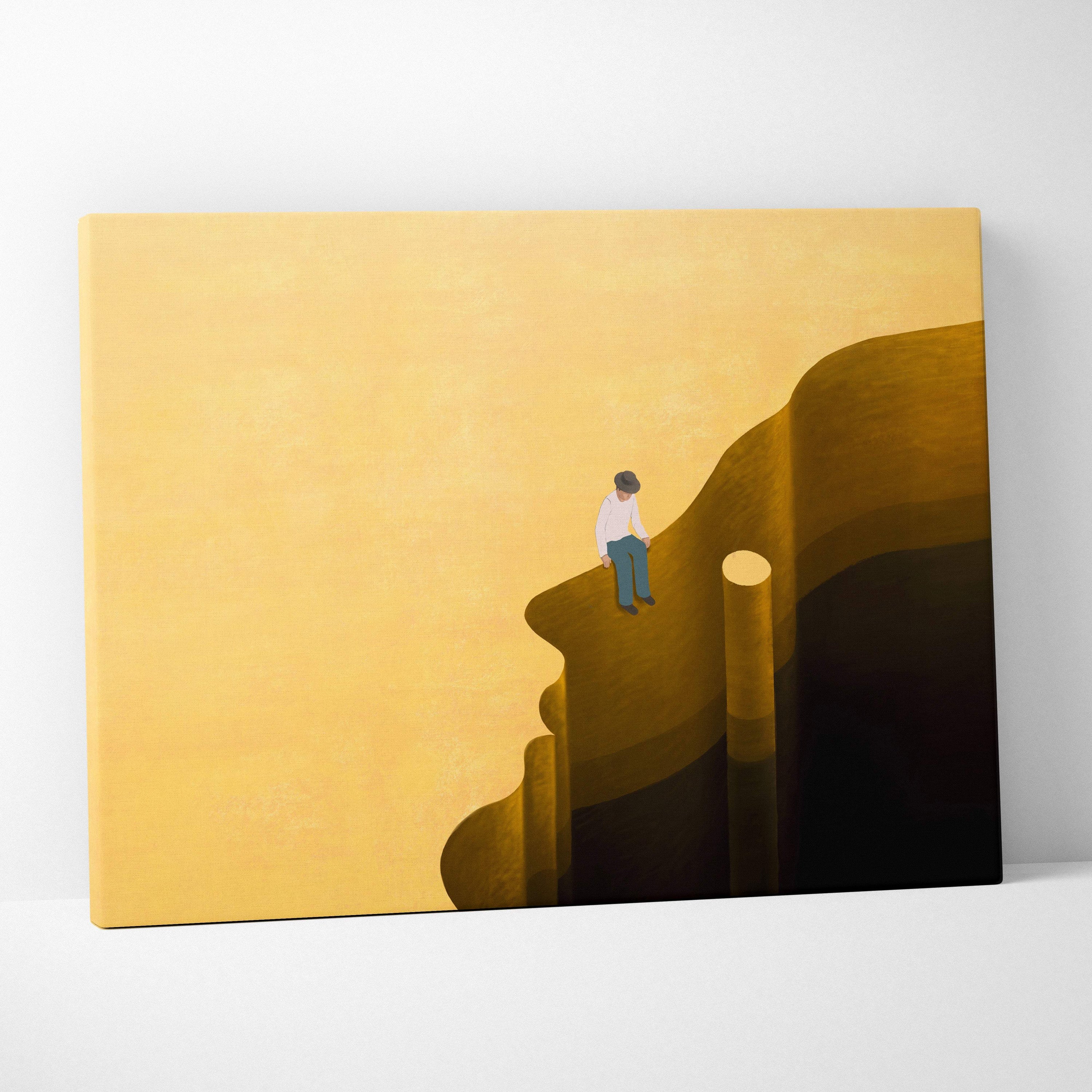 Contemporary man on head canvas wall art featuring a minimalist white and blue figure on a golden cliff yellow background