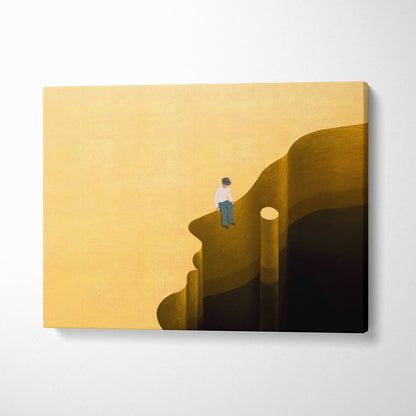Contemporary man on head canvas wall art depicting a lone figure on a golden yellow cliffside in a surreal landscape print