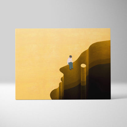 Contemporary man on head canvas wall art featuring a minimalist white and teal figure on a golden yellow cliff