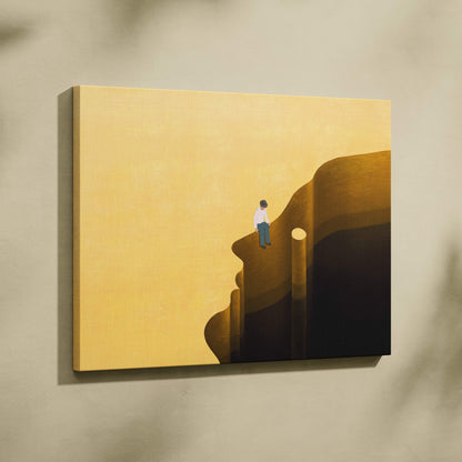 Contemporary man on head canvas wall art featuring a minimalist solitary figure on a golden-yellow cliffside landscape