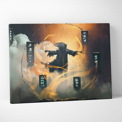 Arcane Ritual Summoner Canvas Art – Floating Mystic Conjurer with Glowing Runes, Elemental Energy Circle, Dark Fantasy Magic Scene, Cinematic Wall Decor