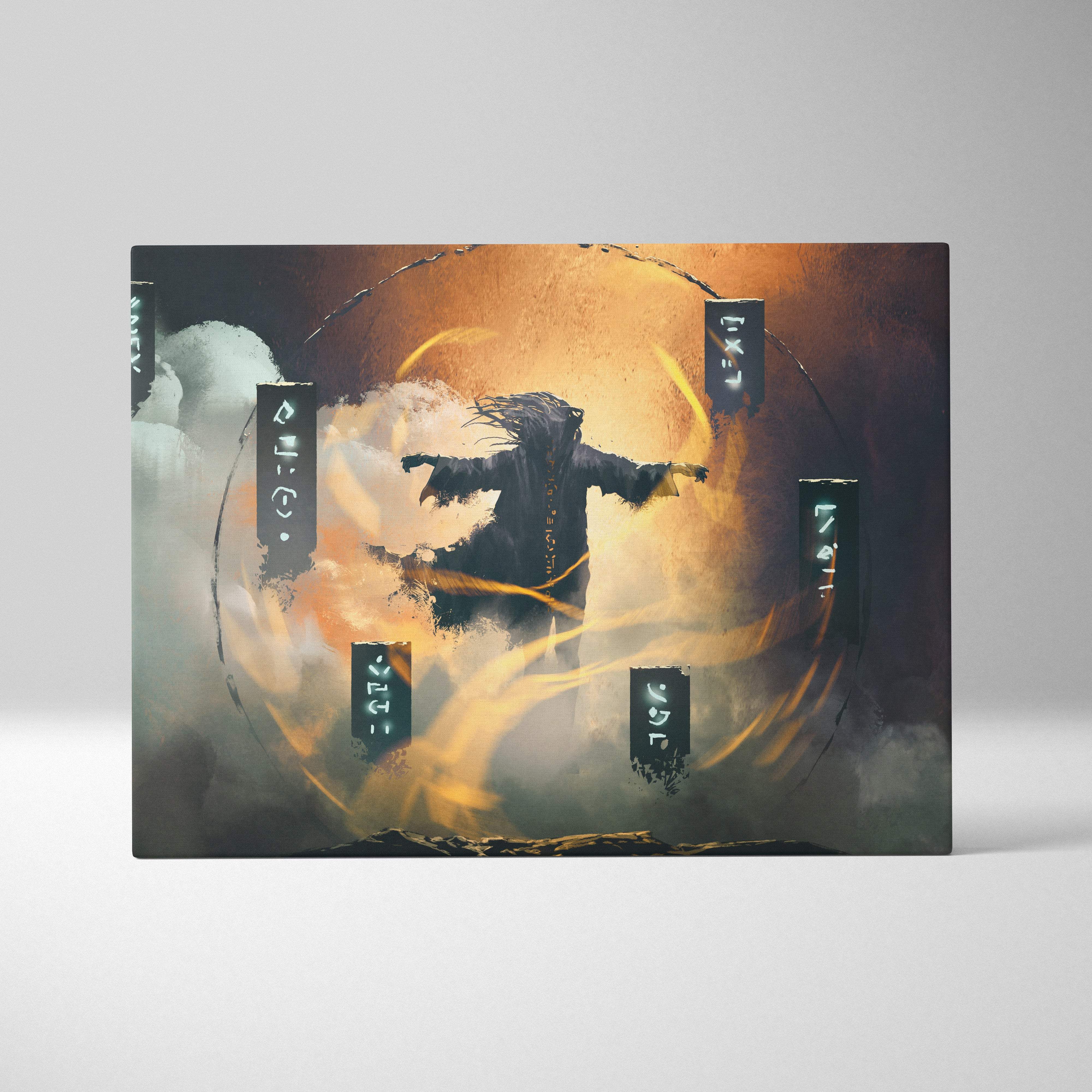 A rectangular canvas print featuring a dark mystical summoner with glowing runes and swirling golden elemental energy panels