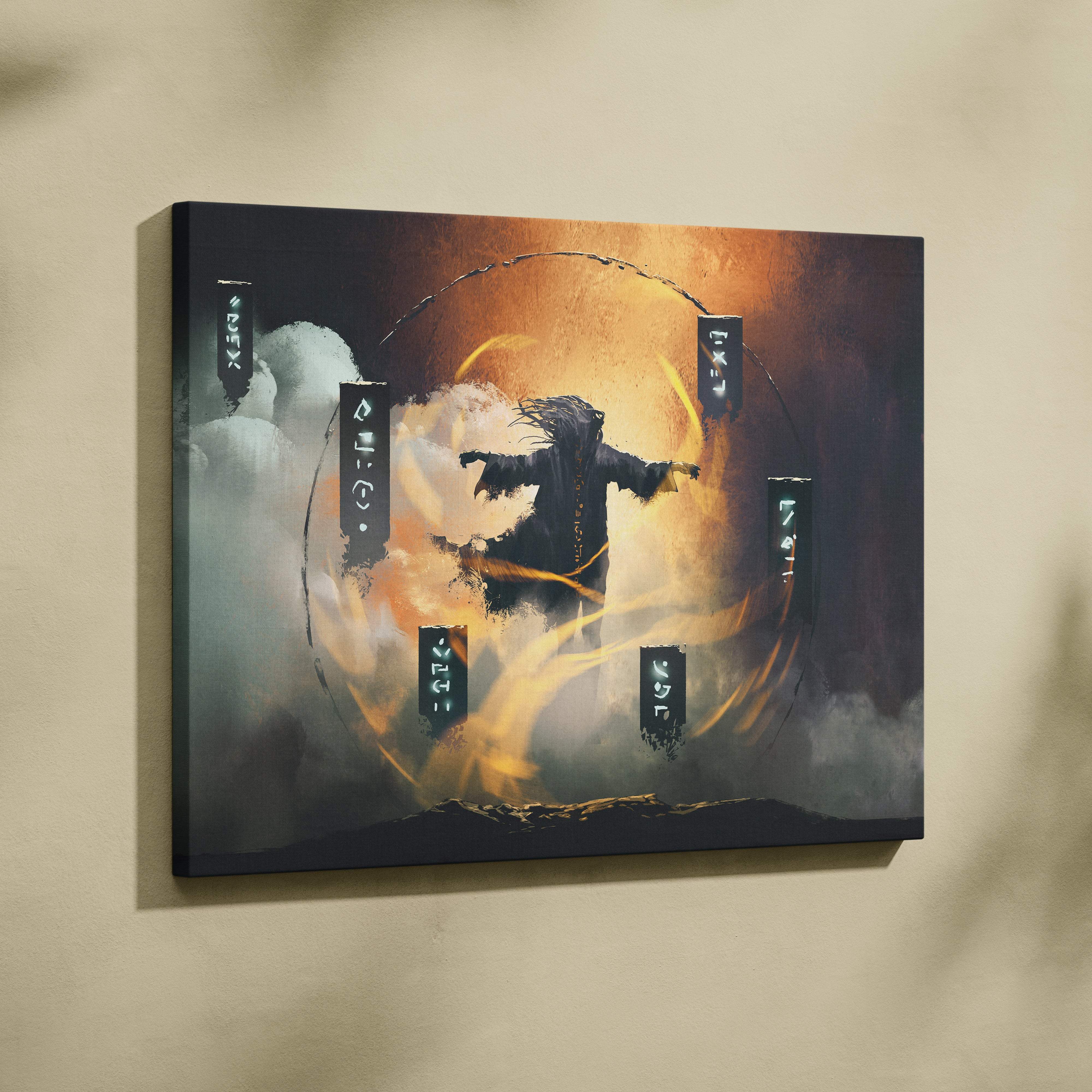 Arcane ritual summoner canvas art showing a dark cloaked figure with glowing golden runes and swirling elemental energy circle