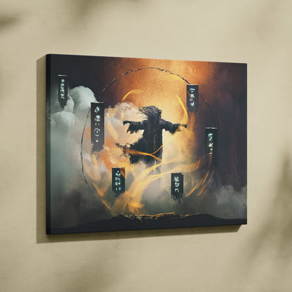 Arcane Ritual Summoner Canvas Art – Floating Mystic Conjurer with Glowing Runes, Elemental Energy Circle, Dark Fantasy Magic Scene, Cinematic Wall Decor