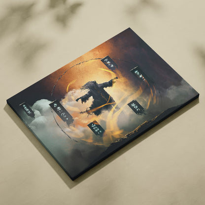 Arcane Ritual Summoner Canvas Art – Floating Mystic Conjurer with Glowing Runes, Elemental Energy Circle, Dark Fantasy Magic Scene, Cinematic Wall Decor