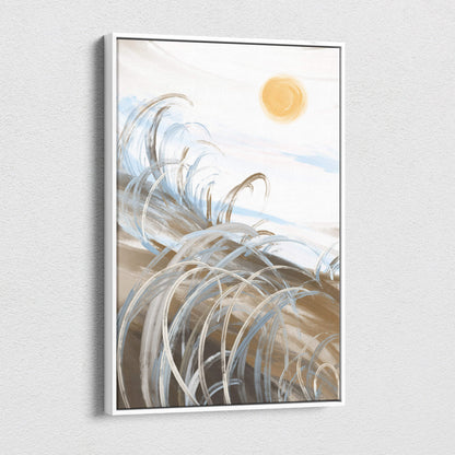 Boho coastal abstract canvas wall art with flowing white and beige waves and warm yellow sun on soft sky background