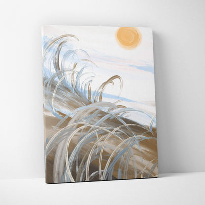 Boho coastal abstract canvas wall art with swirling beige and blue brushstrokes and an orange sun on white background