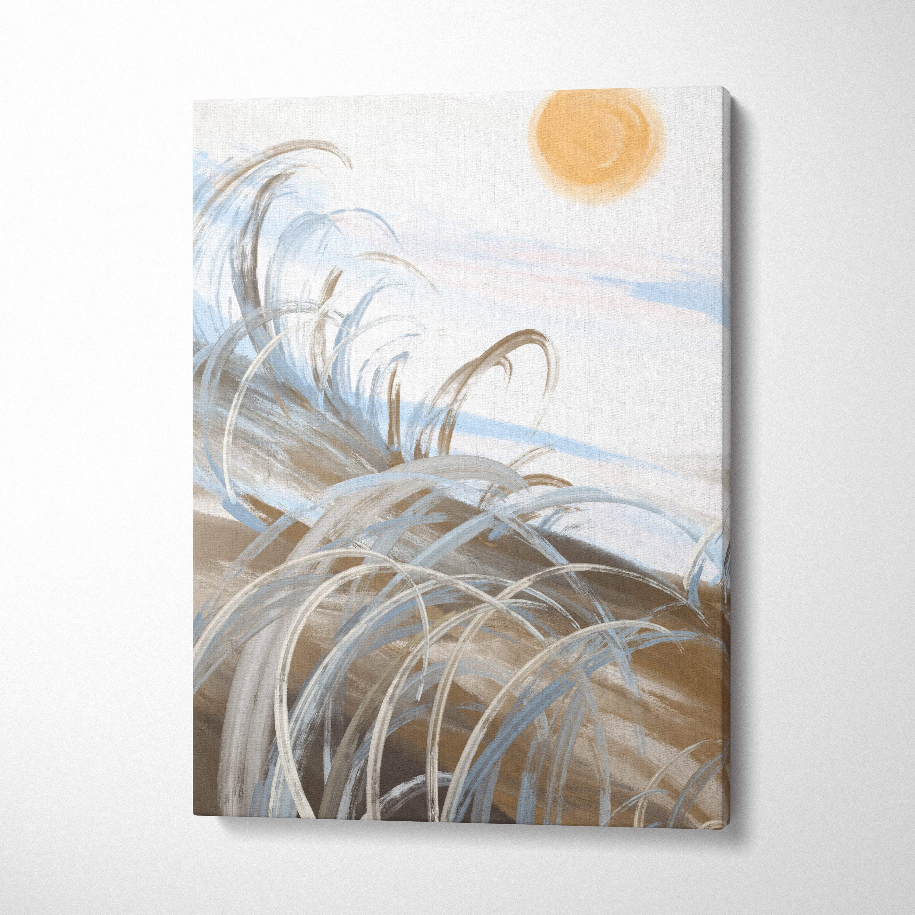 Boho coastal abstract canvas wall art with white gray beige brushstrokes and orange sun on soft blue sky background