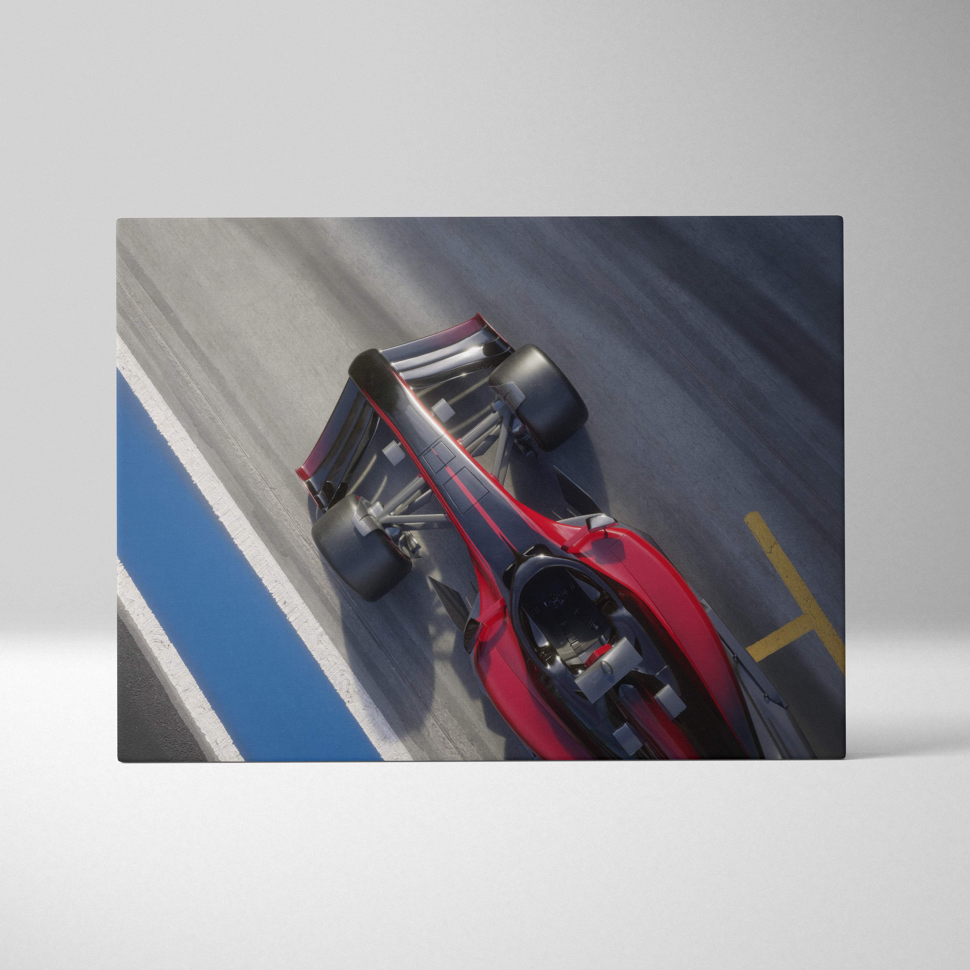Red and black formula 1 race car canvas wall art print featuring overhead motorsport track photography for garage decor