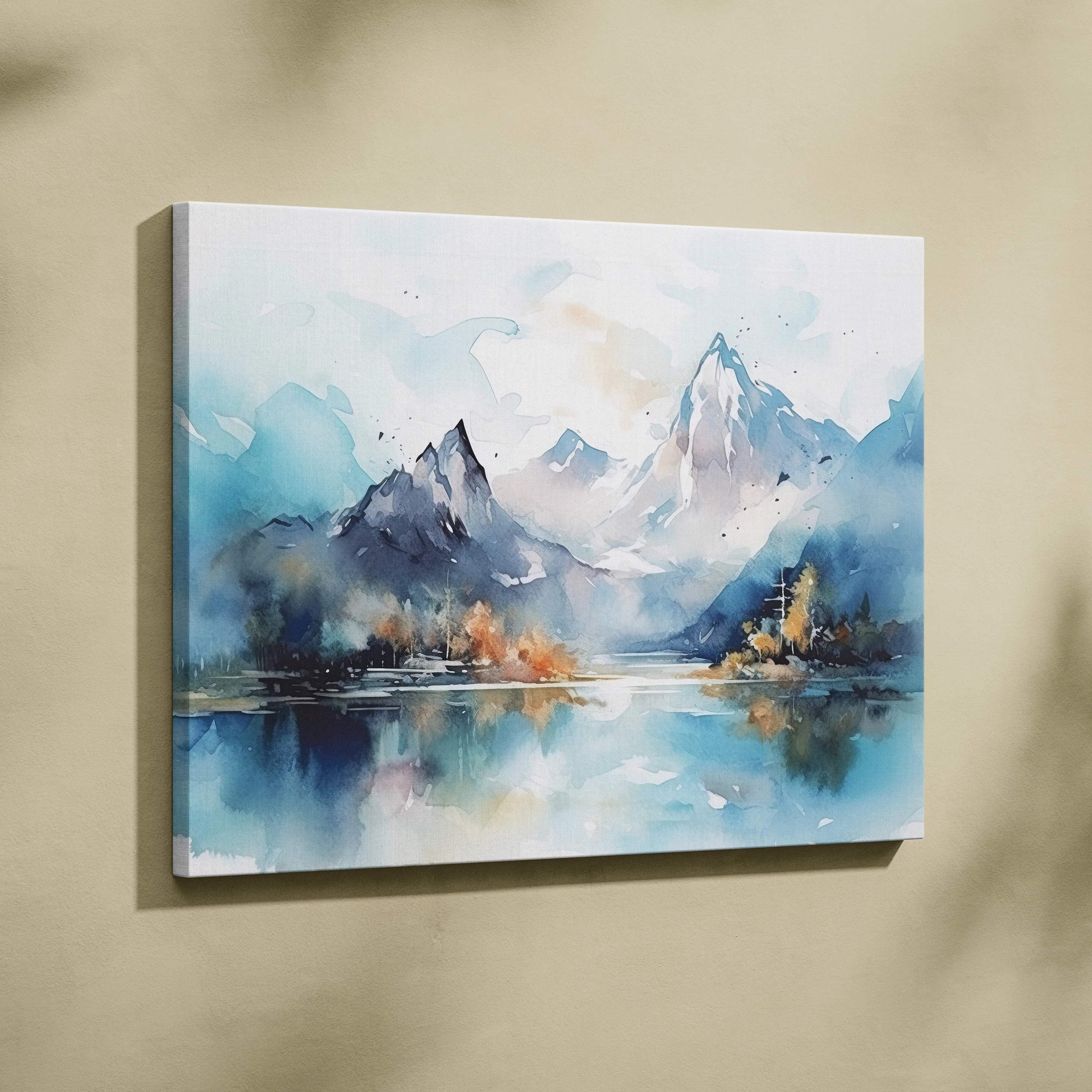 Snowcapped mountain landscape watercolor wall art with serene lake reflection in cool blues grays and autumn accents
