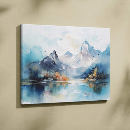 Snowcapped mountain landscape watercolor wall art with serene lake reflection in cool blues grays and autumn accents