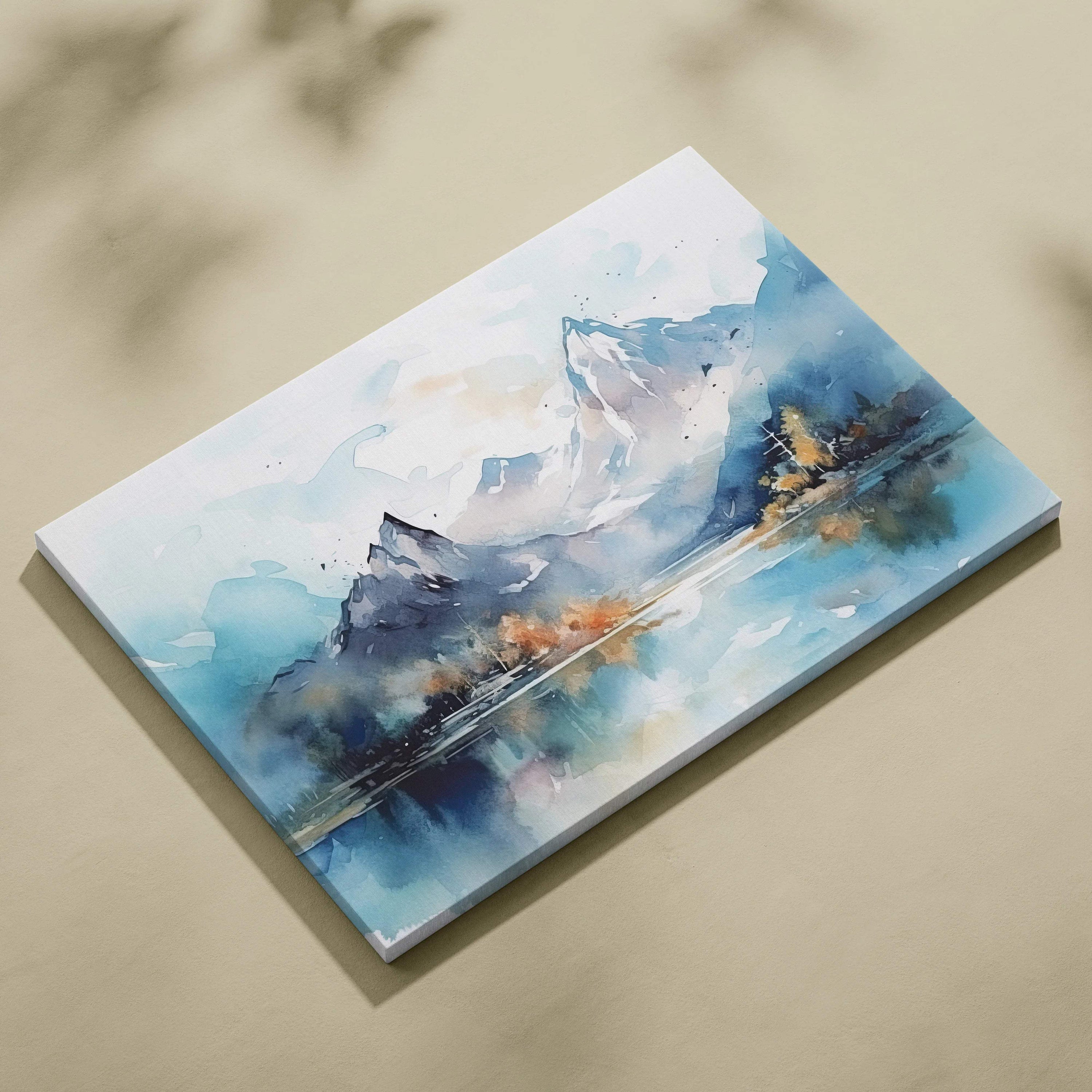 Blue and white abstract snowcapped mountain landscape watercolor canvas art