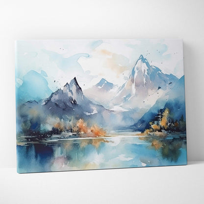 Snowcapped mountain landscape watercolor wall art with serene lake reflection