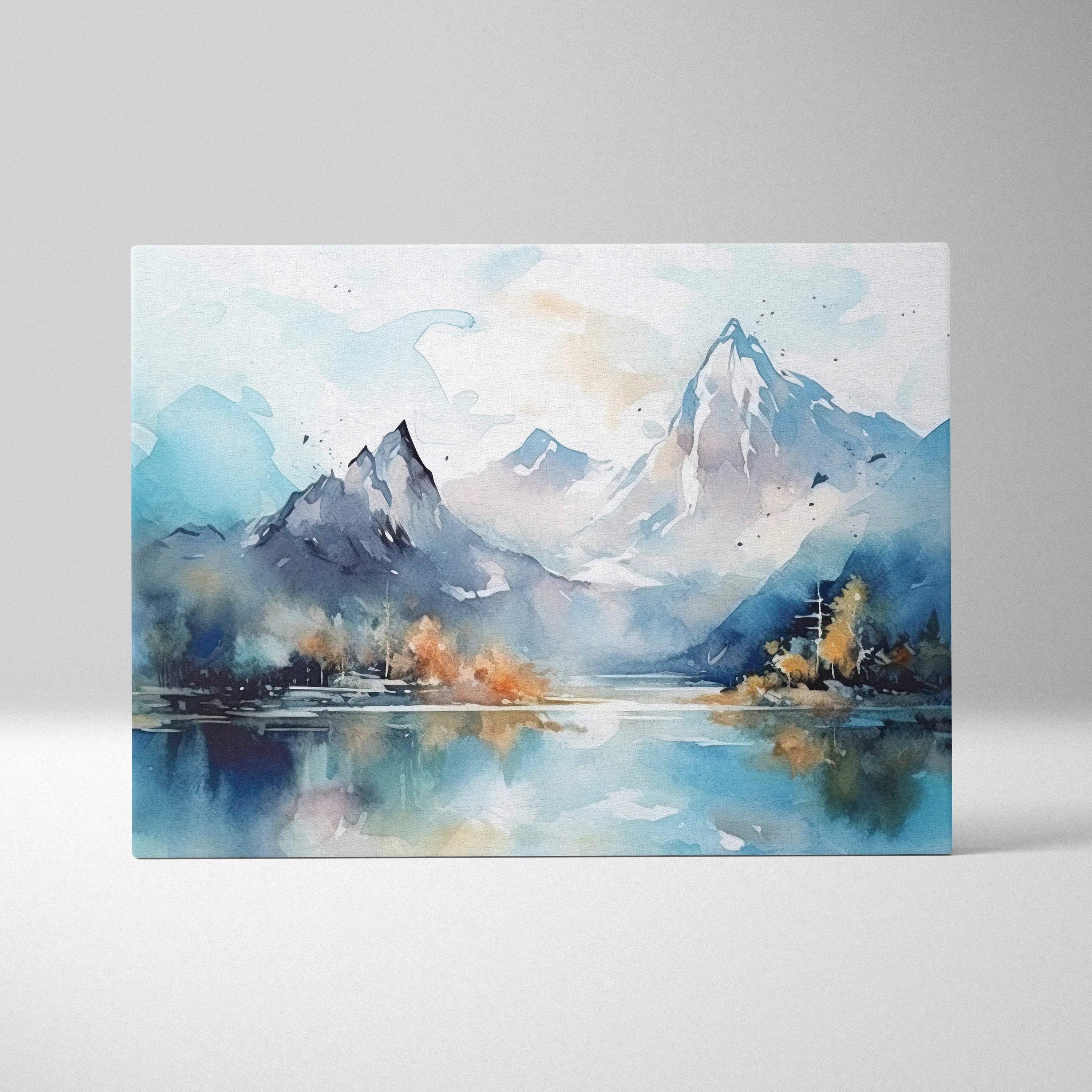 Snowcapped mountain landscape watercolor wall art with serene lake reflection in cool blues grays and autumn accents