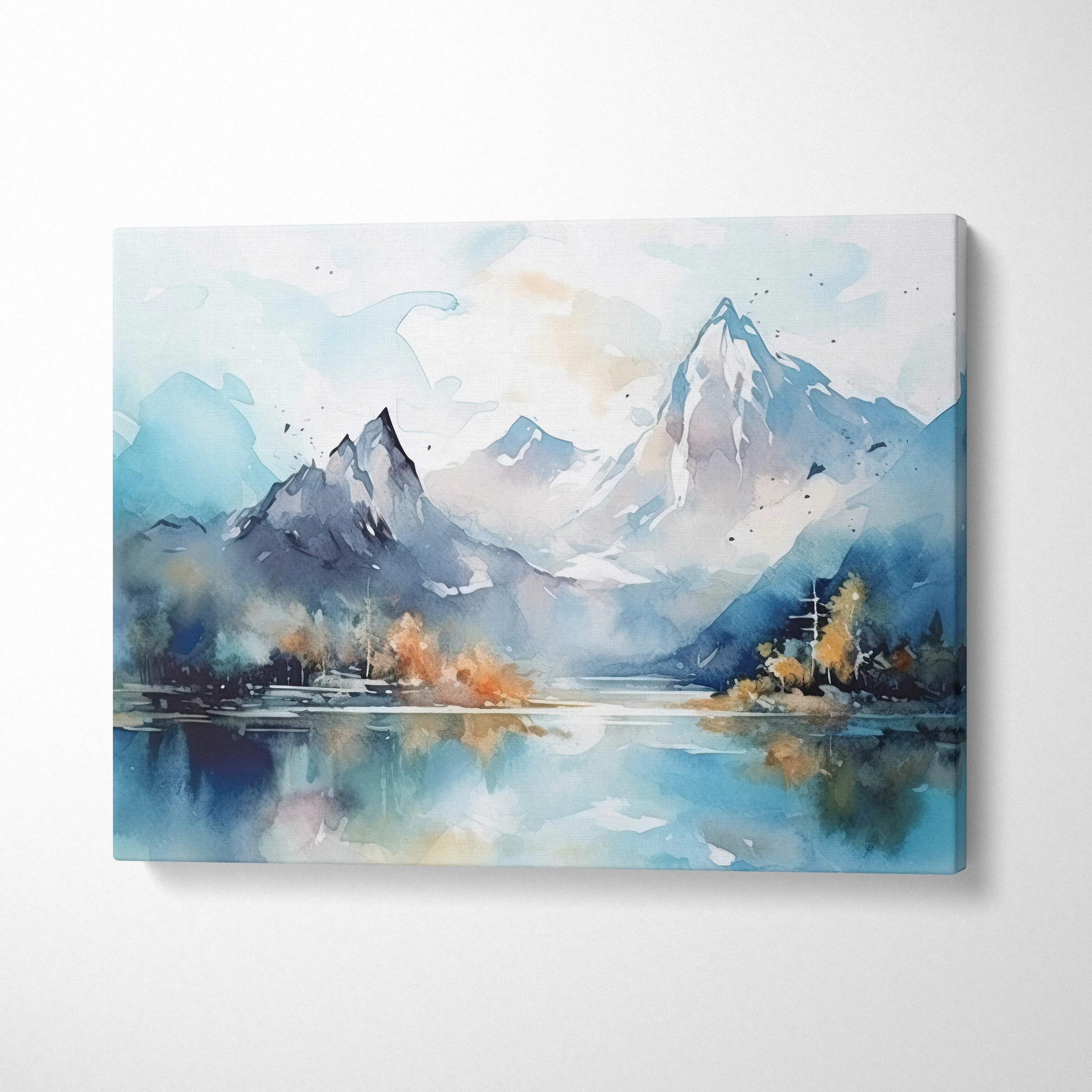 Snowcapped mountain landscape watercolor wall art with serene lake reflection in cool blues grays and autumn accents
