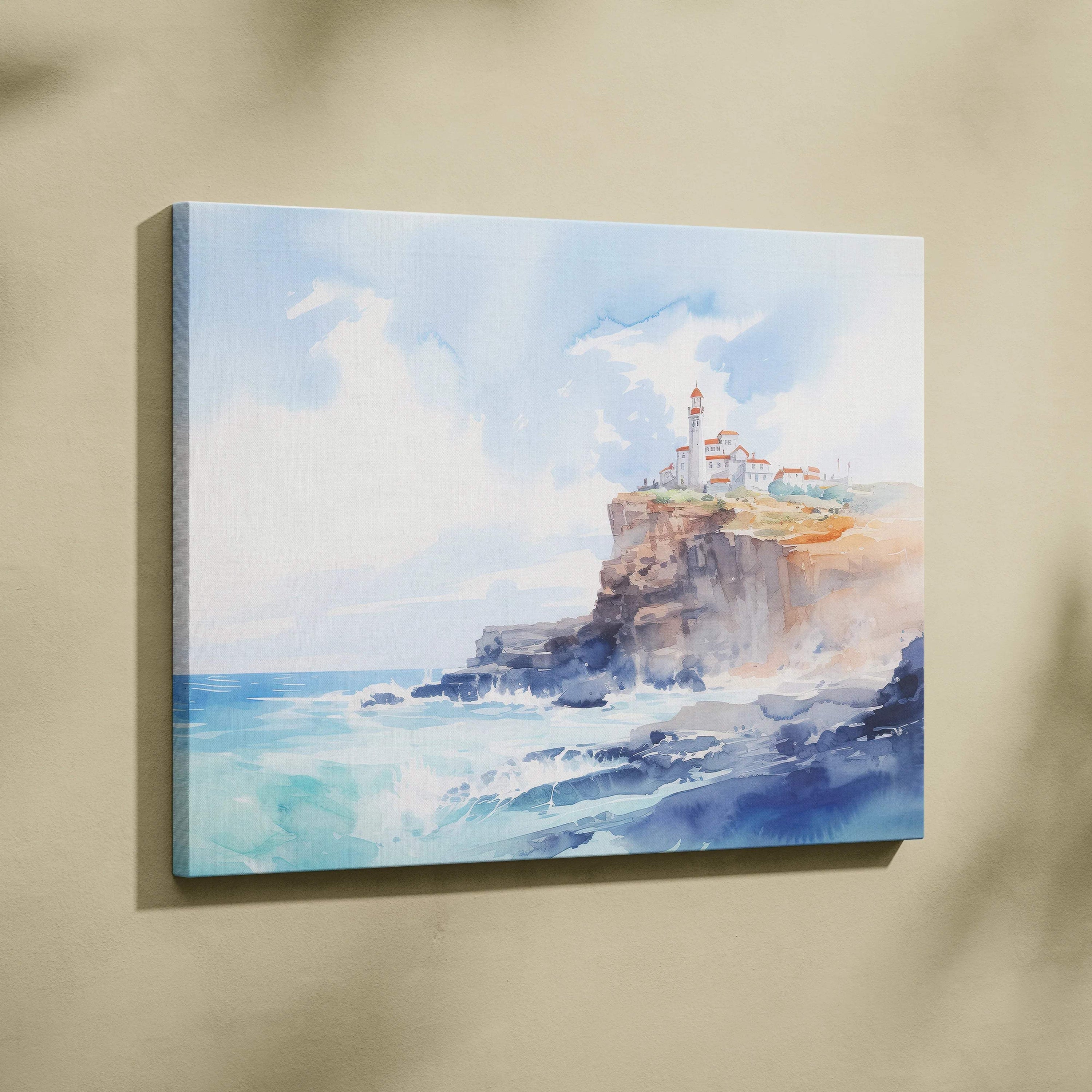 Watercolor canvas print of coastal lighthouse on cliffs by sea in airy blues